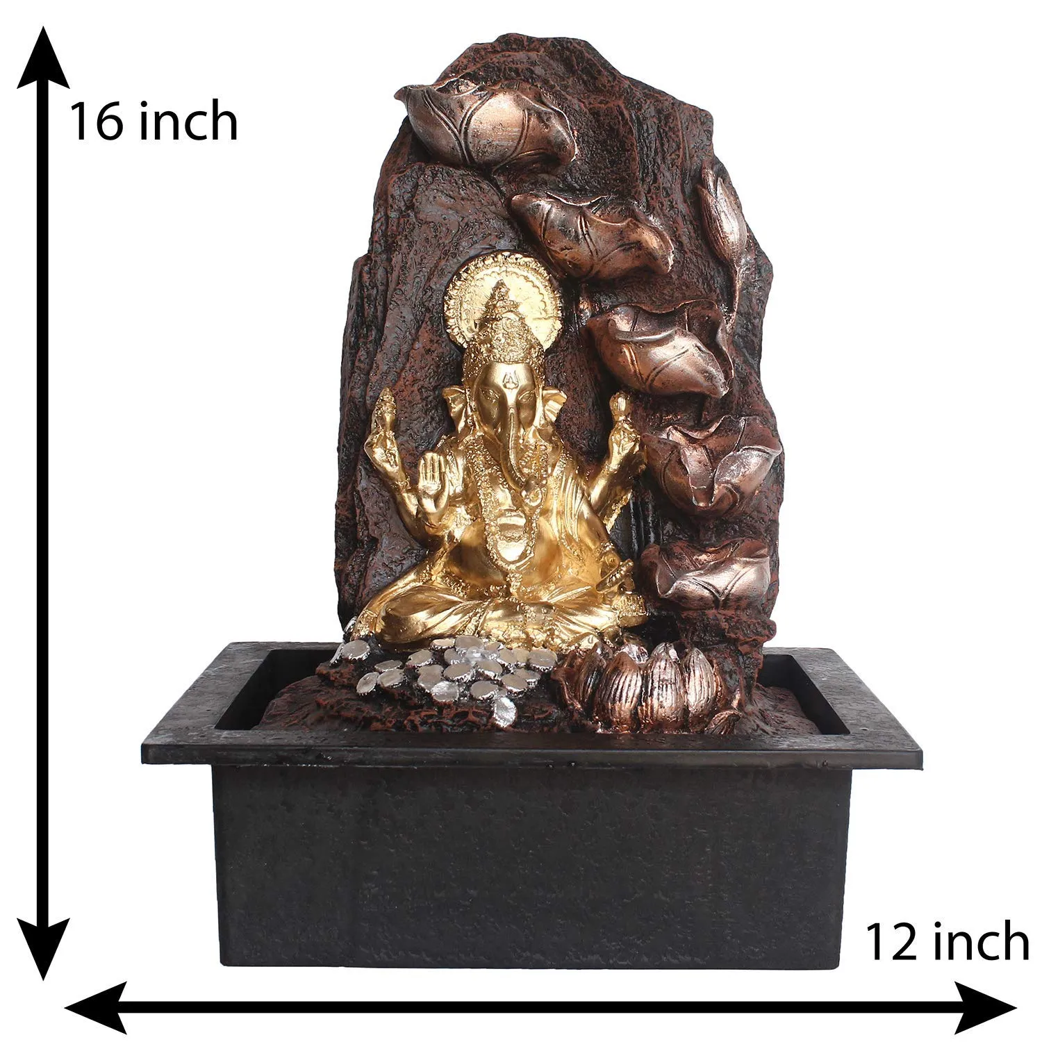 eCraftIndia Golden Brown Ganesha 6 Step Polyresin Water Fountain with Led Lights (12" x 15" Inch | Golden Brown)