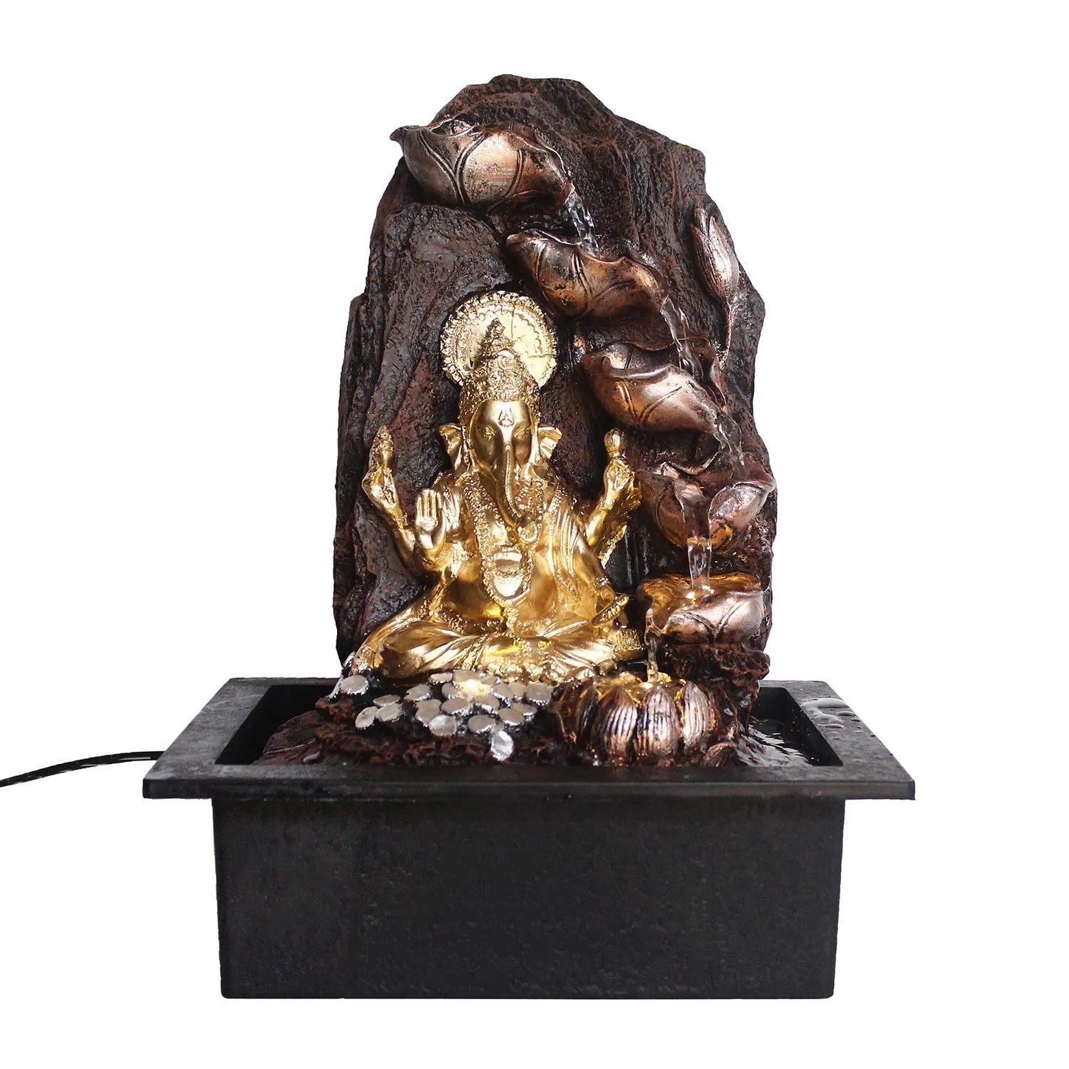 eCraftIndia Golden Brown Ganesha 6 Step Polyresin Water Fountain with Led Lights (12" x 15" Inch | Golden Brown)