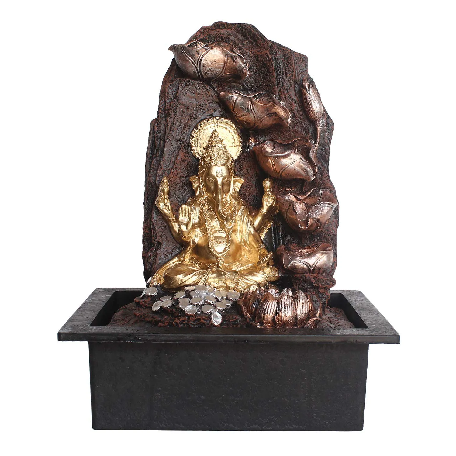 eCraftIndia Golden Brown Ganesha 6 Step Polyresin Water Fountain with Led Lights (12" x 15" Inch | Golden Brown)