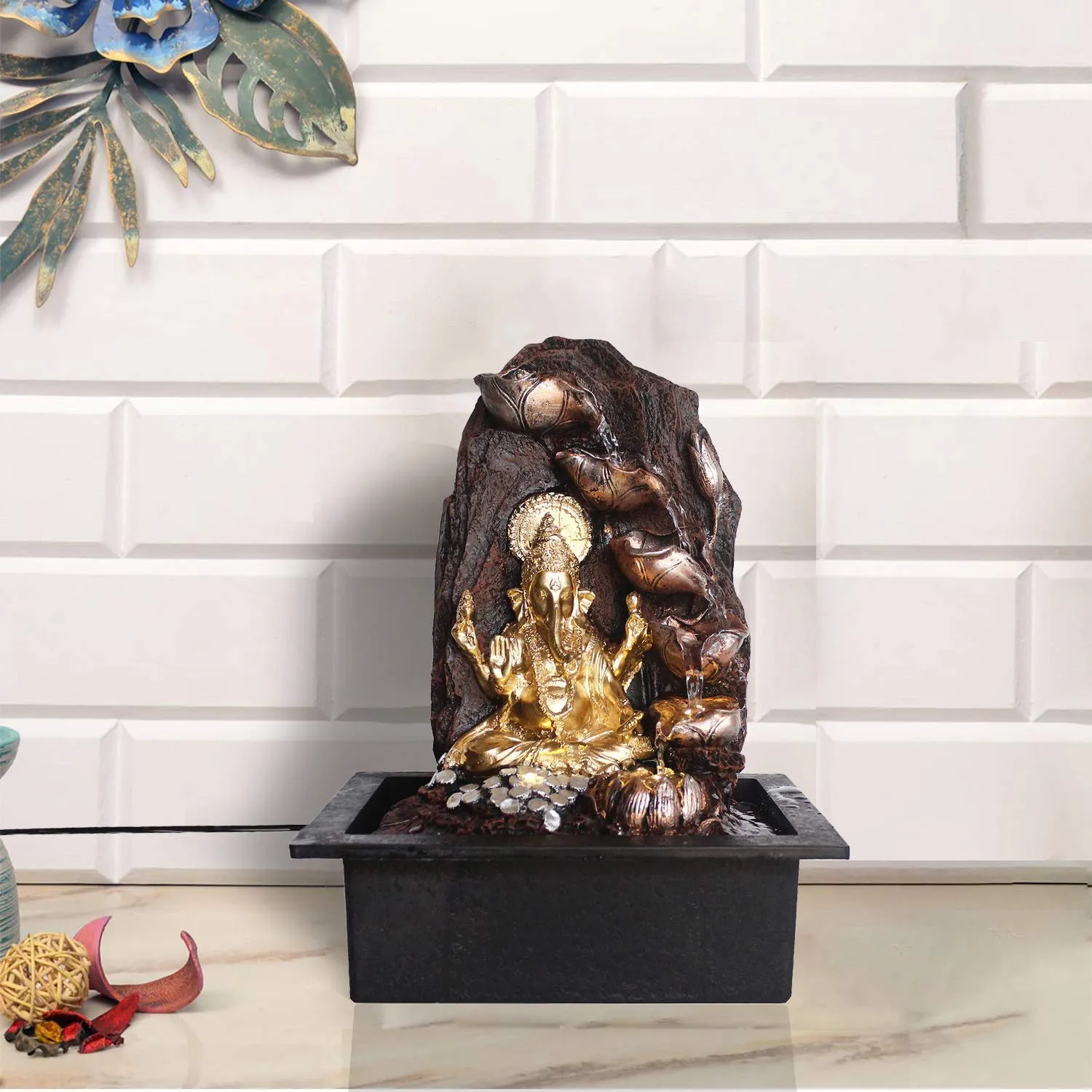 eCraftIndia Golden Brown Ganesha 6 Step Polyresin Water Fountain with Led Lights (12" x 15" Inch | Golden Brown)