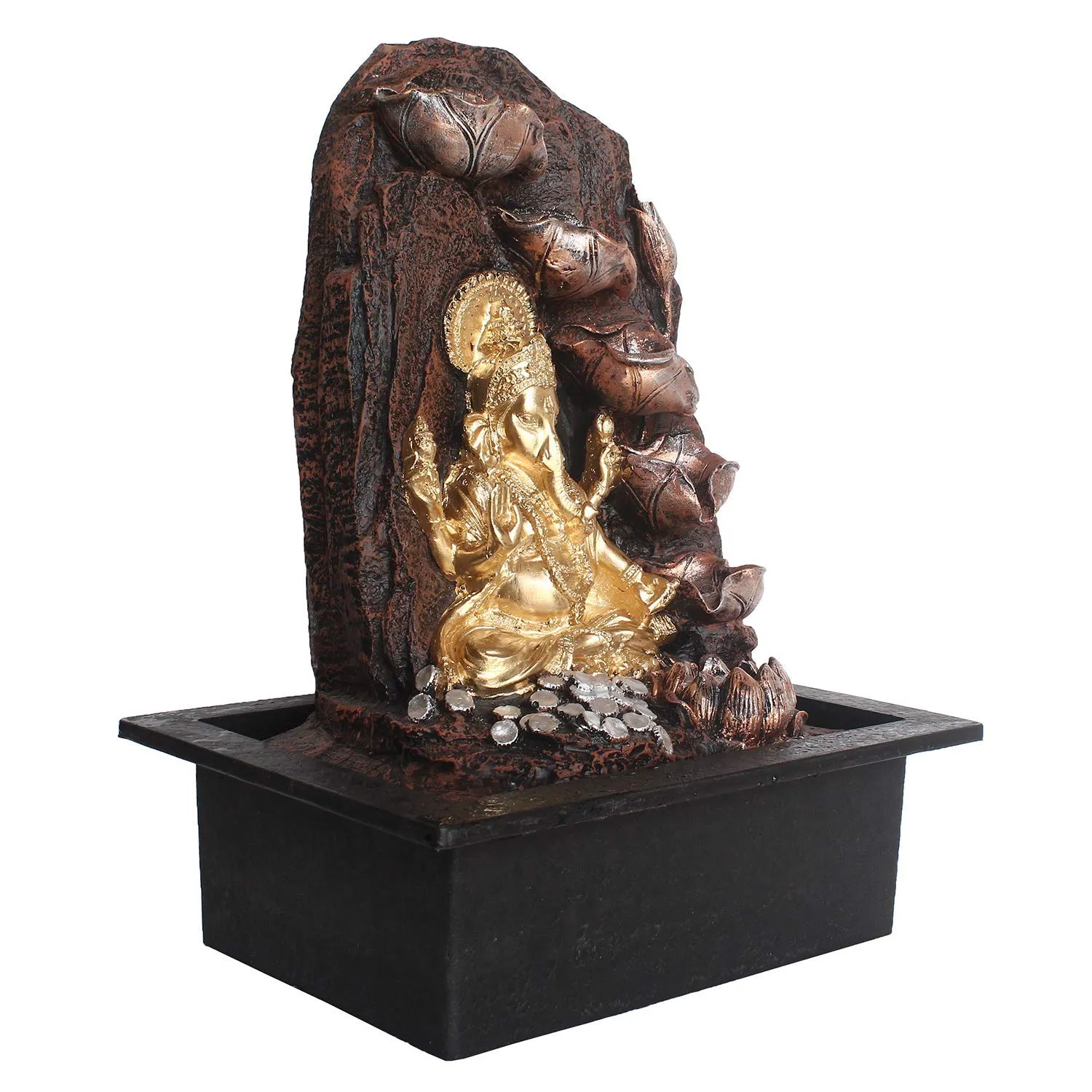eCraftIndia Golden Brown Ganesha 6 Step Polyresin Water Fountain with Led Lights (12" x 15" Inch | Golden Brown)