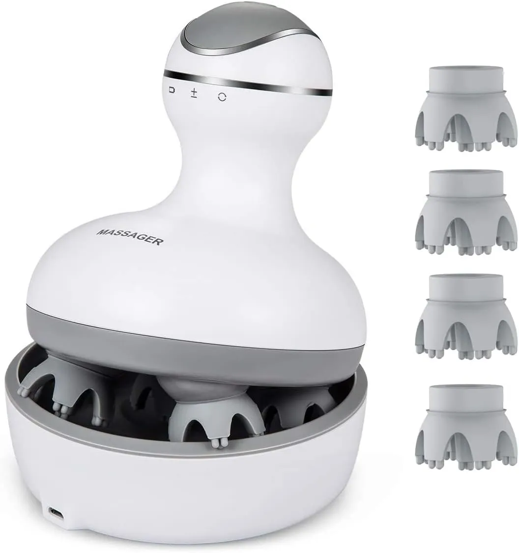 Electric Scalp Massager Portable Handheld with Tissue Kneading 84 Nodes Gifts Idea Stress Release Full Body Massage for Muscles Back Shoulder Calf Pain (White-Grey)