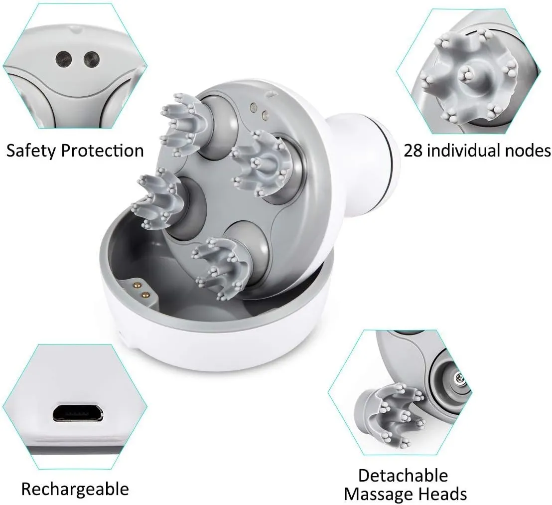 Electric Scalp Massager Portable Handheld with Tissue Kneading 84 Nodes Gifts Idea Stress Release Full Body Massage for Muscles Back Shoulder Calf Pain (White-Grey)