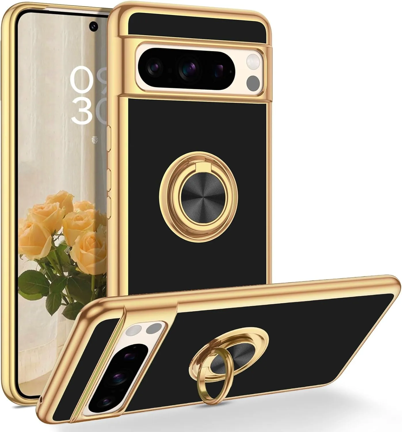 Google Pixel 8 Pro Case Slim Fit Soft 360° Ring Holder Kickstand Magnetic Car Mount Supported Easy Clean Shockproof Protective Cover