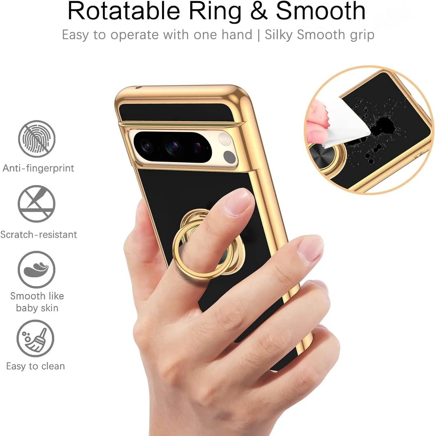 Google Pixel 8 Pro Case Slim Fit Soft 360° Ring Holder Kickstand Magnetic Car Mount Supported Easy Clean Shockproof Protective Cover