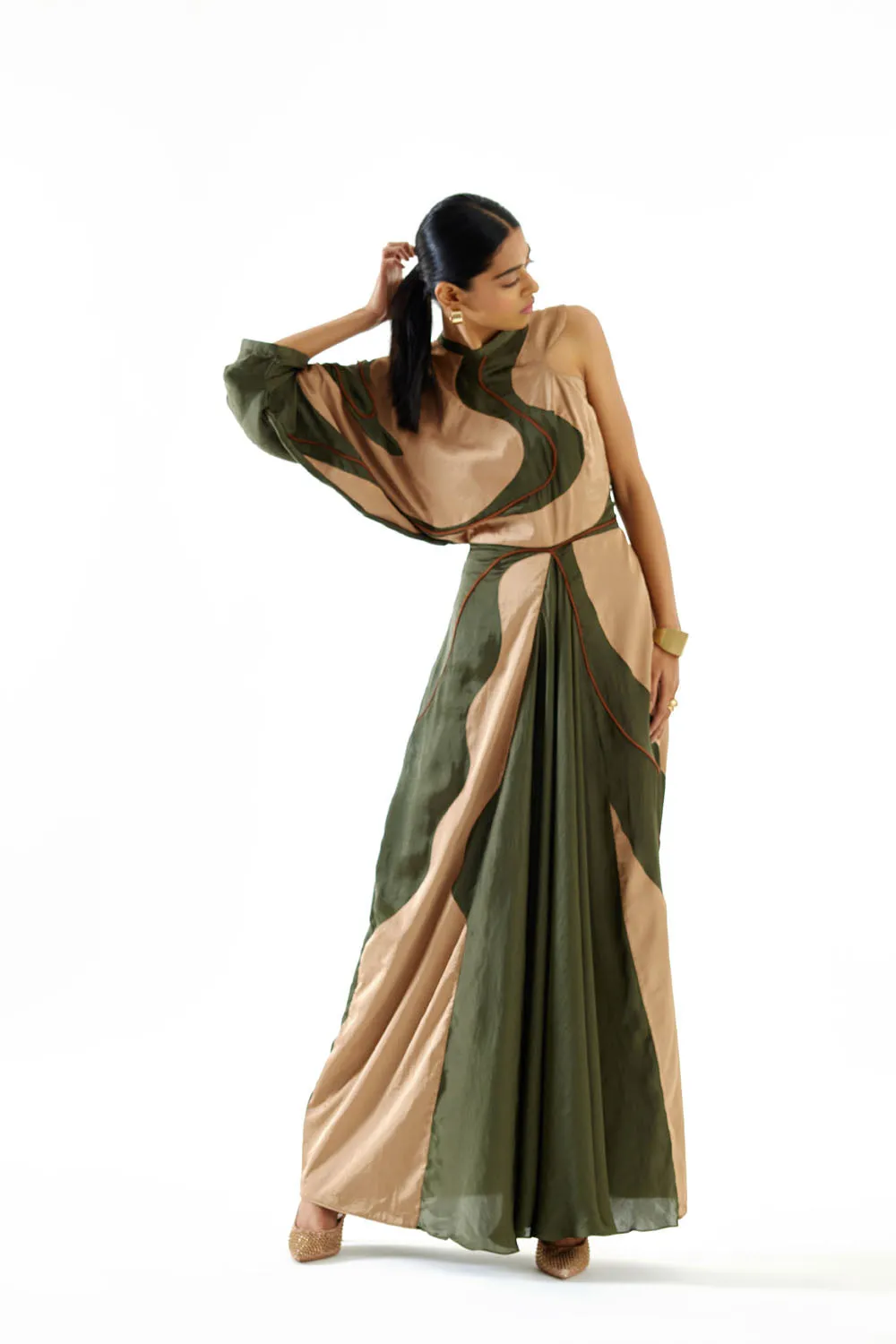 Green-Beige Contrast Dress