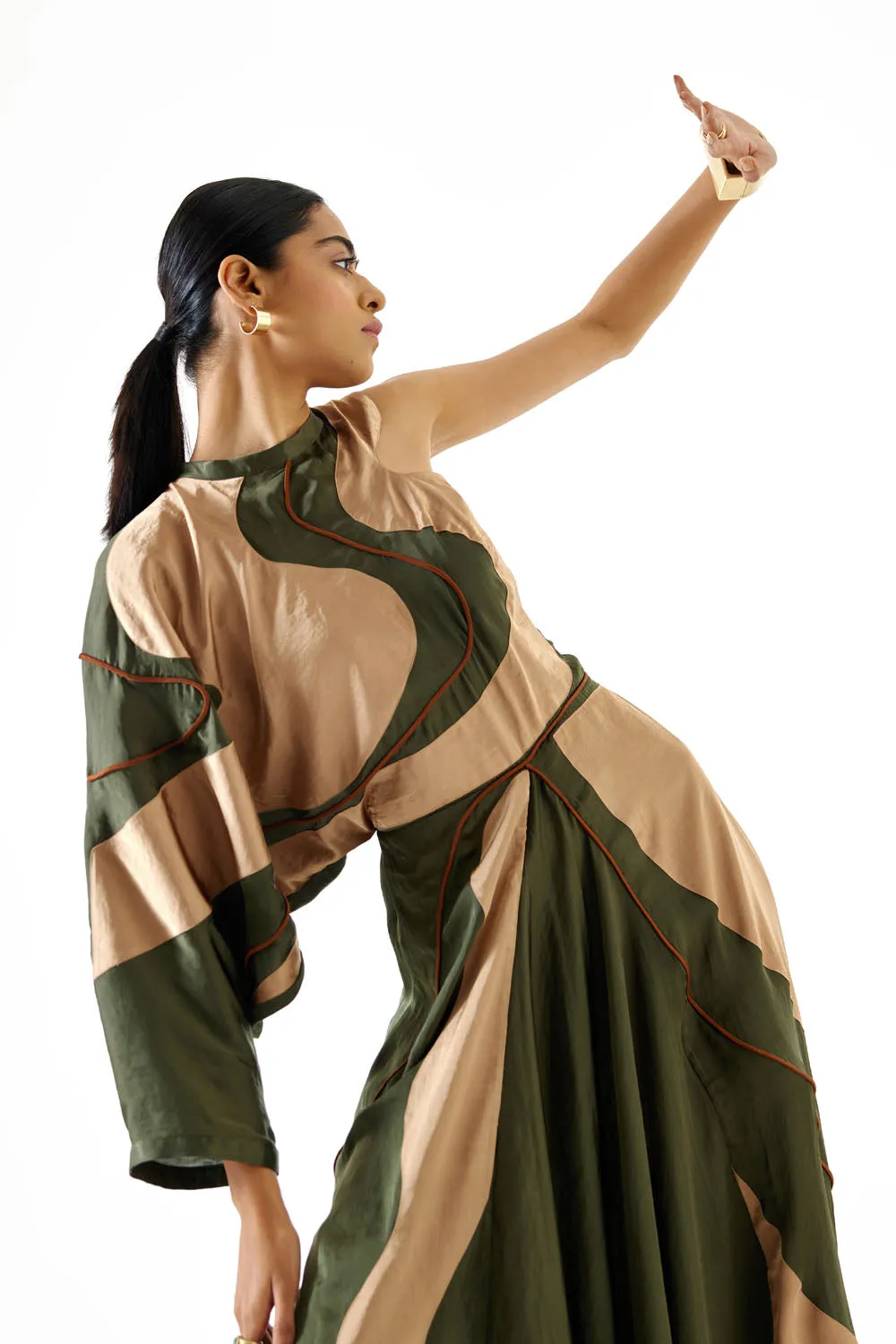 Green-Beige Contrast Dress