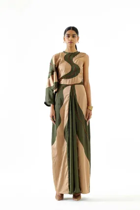 Green-Beige Contrast Dress