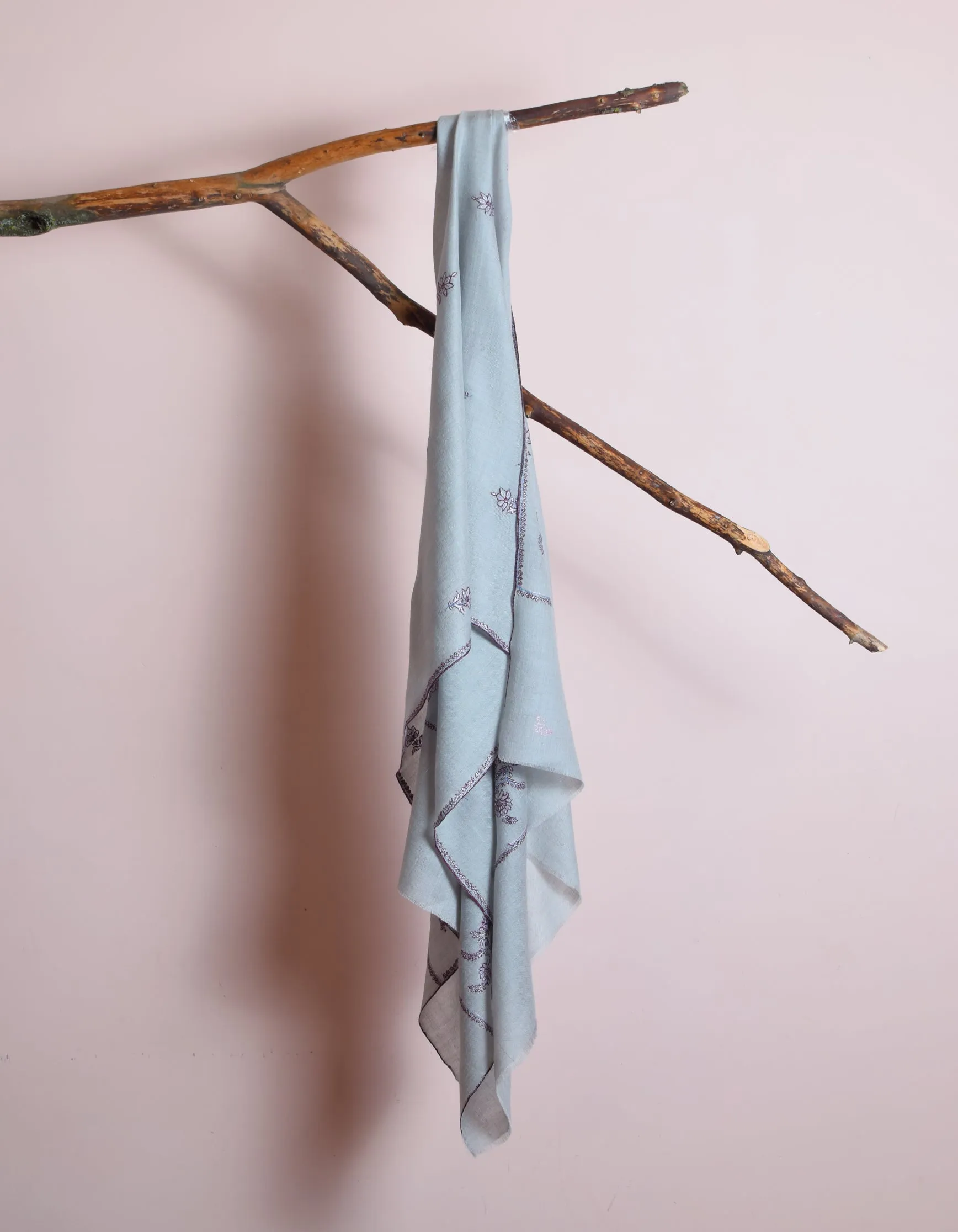 Greyish-Blue Handwoven Sozni Embroidered Cashmere Pashmina Stole