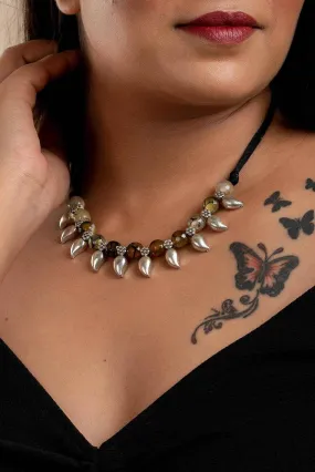 Handcrafted Dragon Veined Agate Neckpiece With German Silver Mango Charms & Adjustable Dori