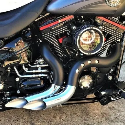 HARLEY EVO, BIG TWIN CAM EXHAUST KUTBAK KIT SHOW CHROME WITH BLACK  HEATSHIELDS