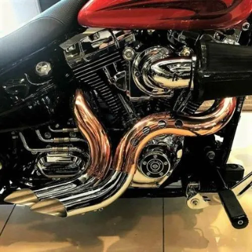 HARLEY EVO, BIG TWIN CAM EXHAUST KUTBAK KIT SHOW CHROME  WITH COPPER HEATSHIELDS
