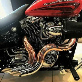 HARLEY EVO, BIG TWIN CAM EXHAUST KUTBAK KIT SHOW CHROME  WITH COPPER HEATSHIELDS
