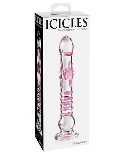 Icicles No. 6 - Textured Glass Dildo 8.5in - Clear/Pink