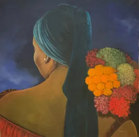 Jean-Claude Legagneur 50"x50" Woman in Flowers 2002 Oil on Canvas Gallery-Wrapped Painting #1MFN