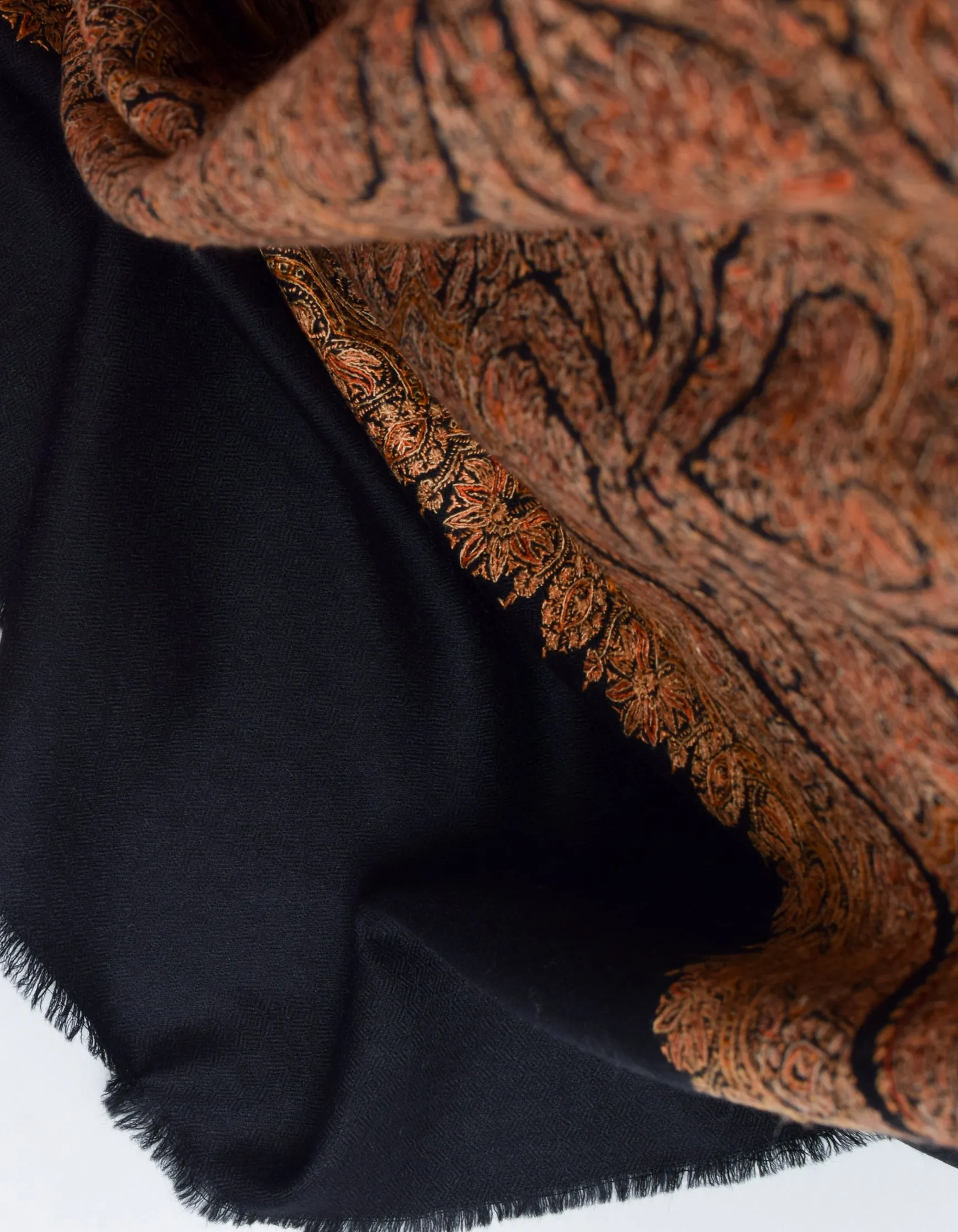 Jet Black Handwoven Sozni Jaali Embroidered Cashmere Pashmina Shawl