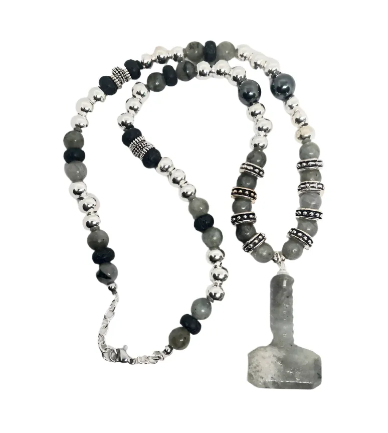 Labradorite Crystal Mjölnir Necklace with Hematite and Lava Stone