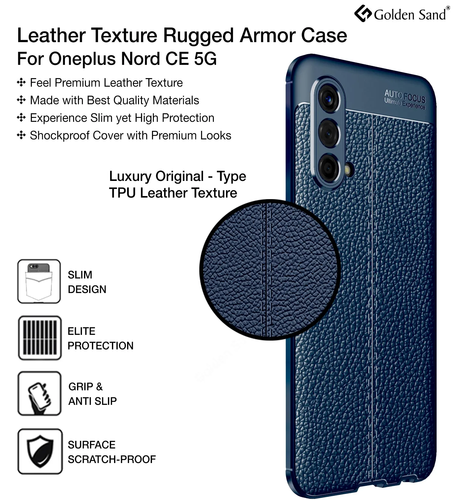 Leather Armor TPU Series Shockproof Armor Back Cover for OnePlus Nord CE 5G, 6.43 inch, Blue