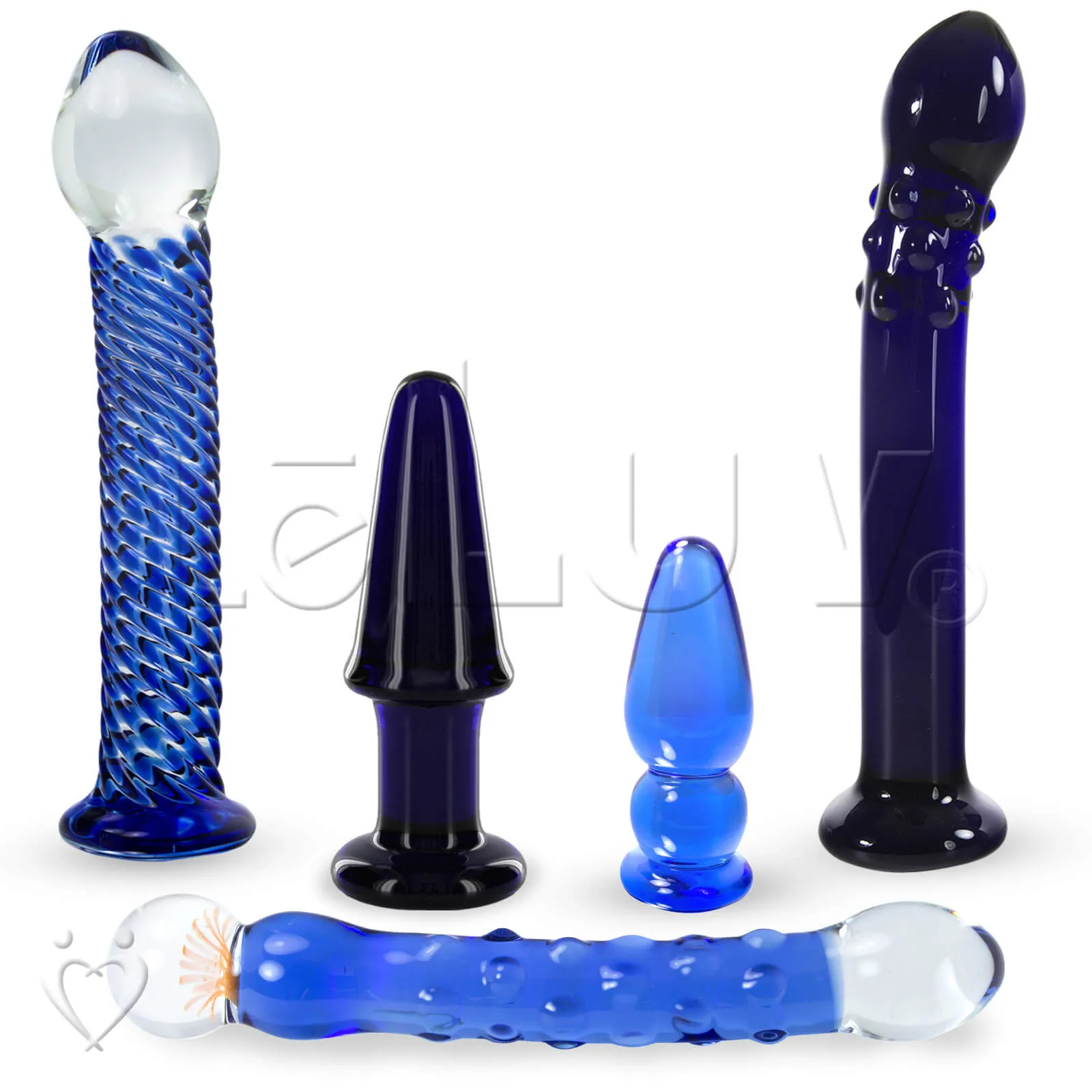 LeLuv Bundle - 5 Borosilicate Glass Cobalt Blue Dildos Wands Butt Plugs Sexy Gift Massagers Toys