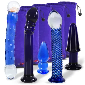 LeLuv Bundle - 5 Borosilicate Glass Cobalt Blue Dildos Wands Butt Plugs Sexy Gift Massagers Toys