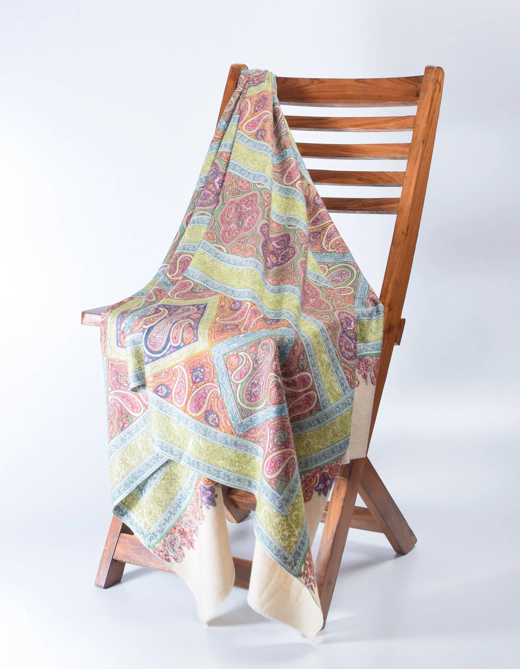 Light Beige Handwoven Kalamkari Sozni Embroidered Cashmere Pashmina Shawl