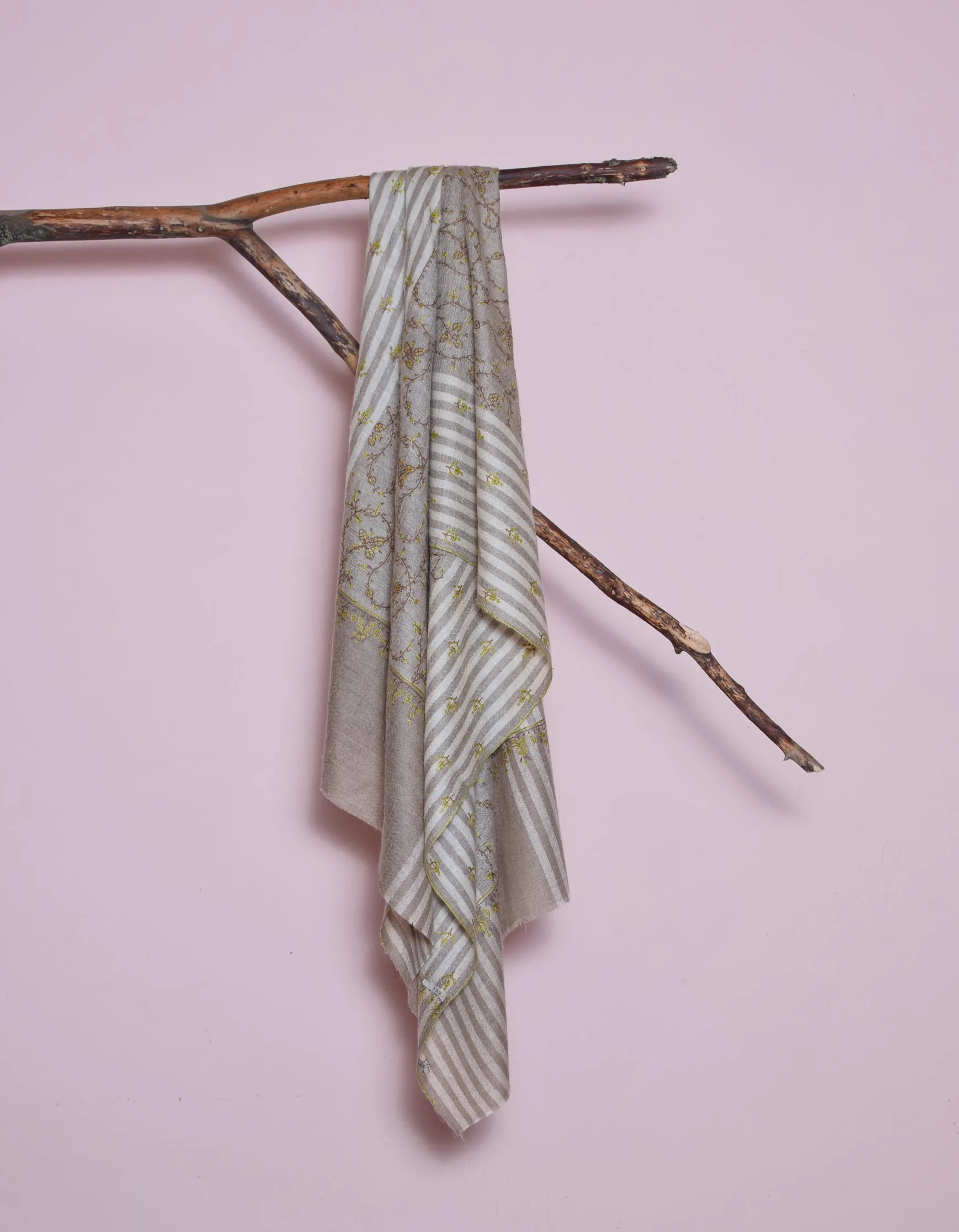 Light Olive Grey Stripes n Solid Handwoven Sozni Embroidered Cashmere Pashmina Stole