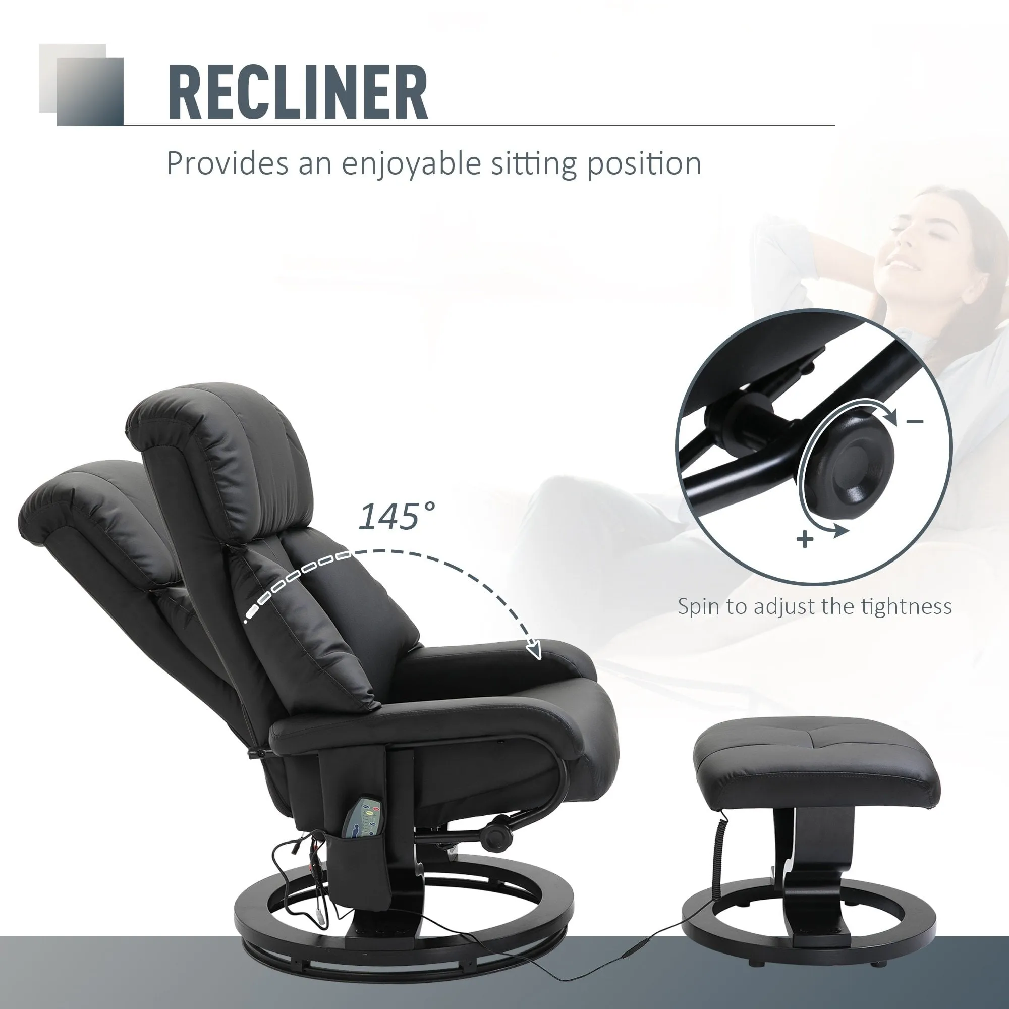 Luxury Faux leather Chair Recliner Electric Massage Chair Sofa 10 Massager with Foot Stool Black Faux Leather, Footrest