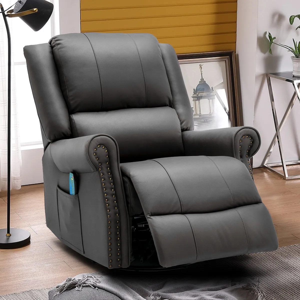 Massage Recliner Chair 360°Swivel Heated , Faux Leather Ergonomic Recling Sofa with Rivet Decoration, Dark Gray