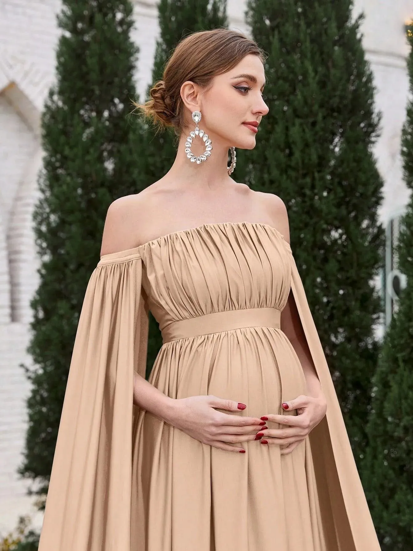 Maternity Off Shoulder Cape Sleeves Maxi Prom Dress