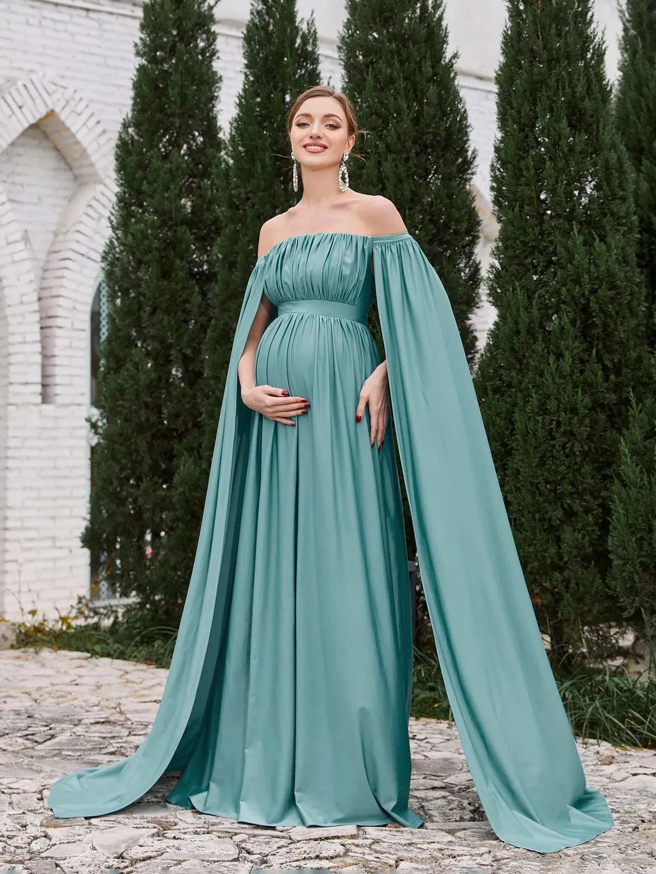 Maternity Off Shoulder Cape Sleeves Maxi Prom Dress