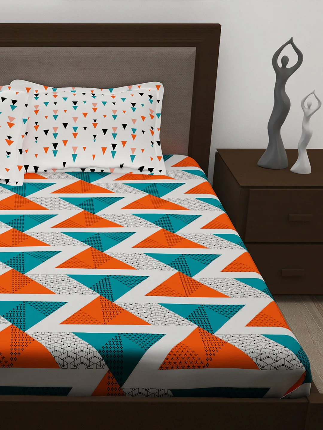 Metro 186 TC 100% Teal Blue and Orange Double Bedsheet