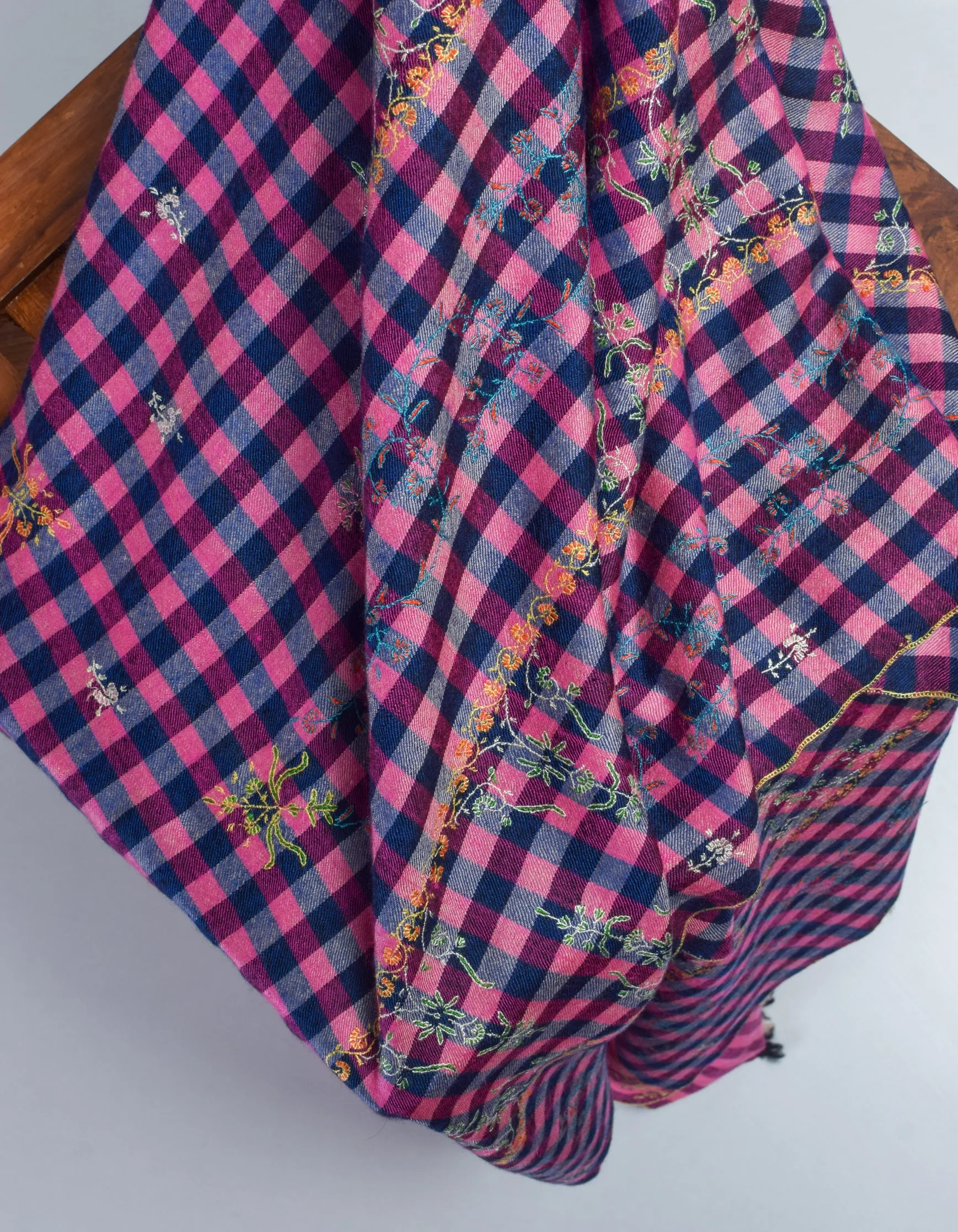 Modern Navy Pink Multi-Pattern Check  Handwoven Embroidered Cashmere Pashmina Stole