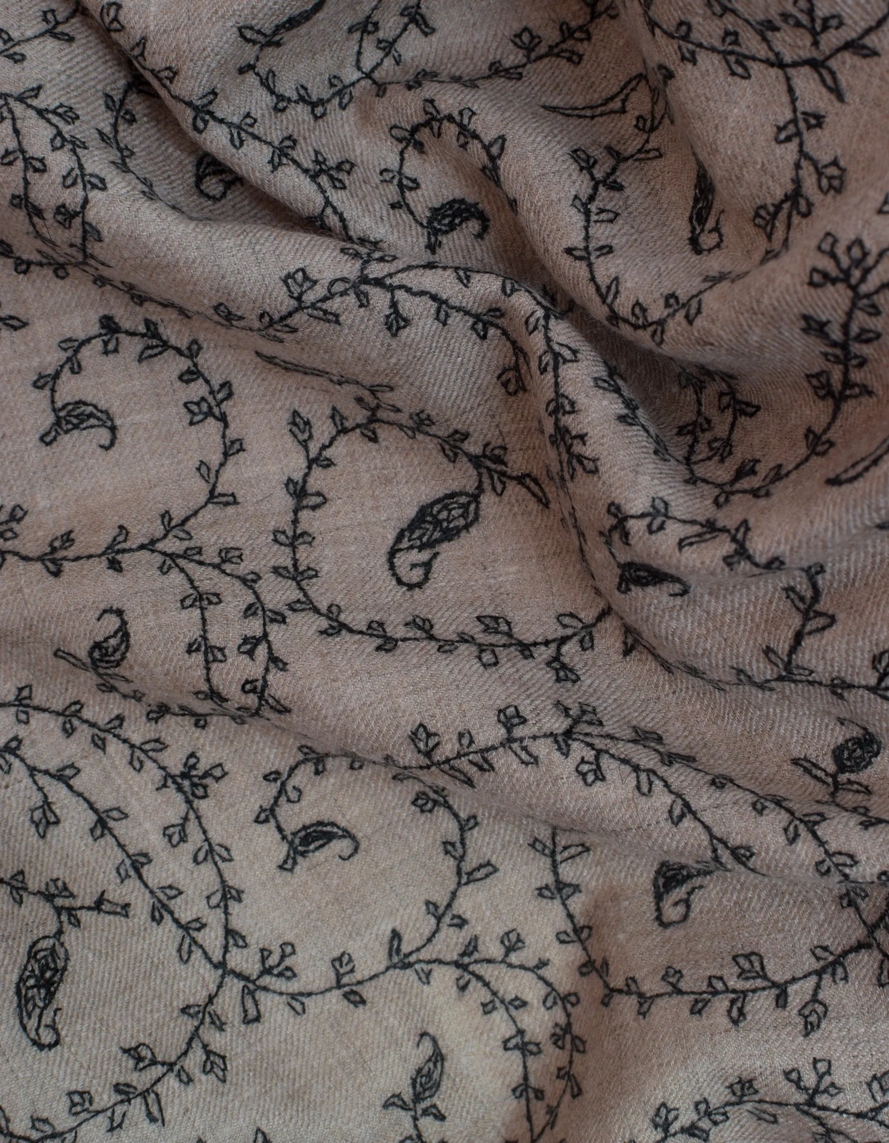 Natural Brown Beige Handwoven Sozni Embroidered Cashmere Pashmina Stole