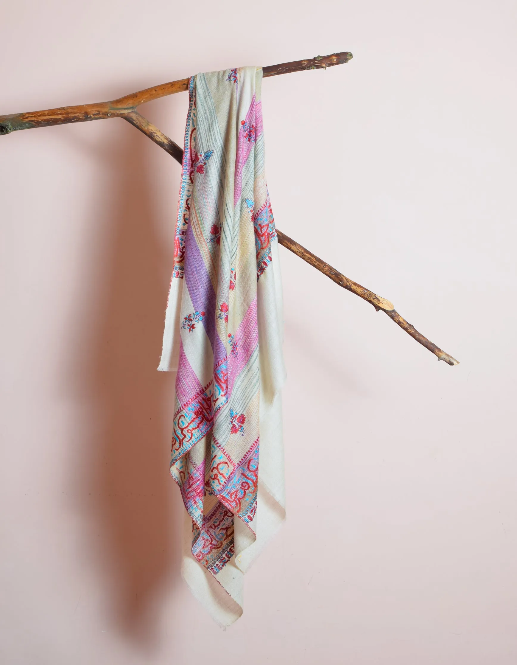 Natural Cream Handwoven Arabic calligraphy Embroidered Cashmere Pashmina Shawl