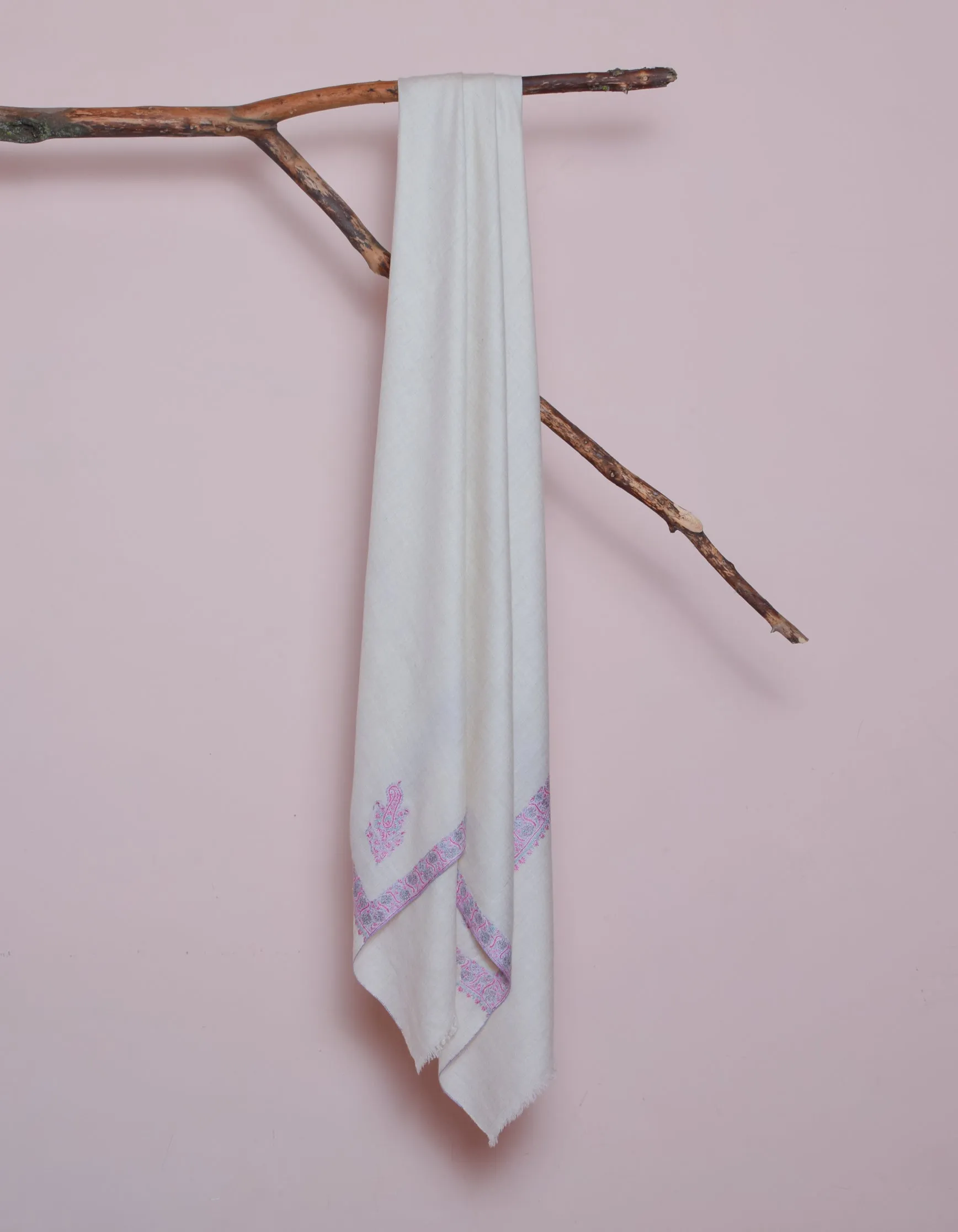 Natural Cream Handwoven Floral Border Sozni Embroidered Cashmere Pashmina Shawl