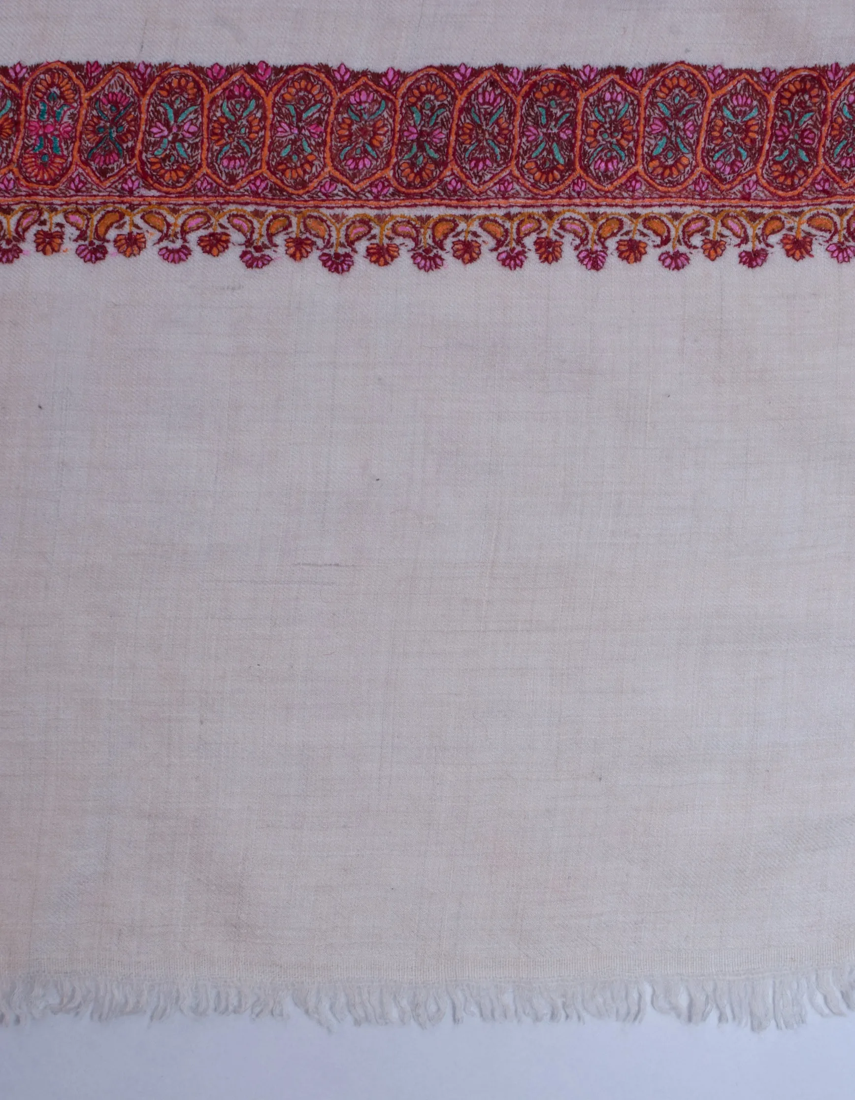 Natural Light Beige Handwoven Sozni Border Embroidered Cashmere Pashmina Shawl