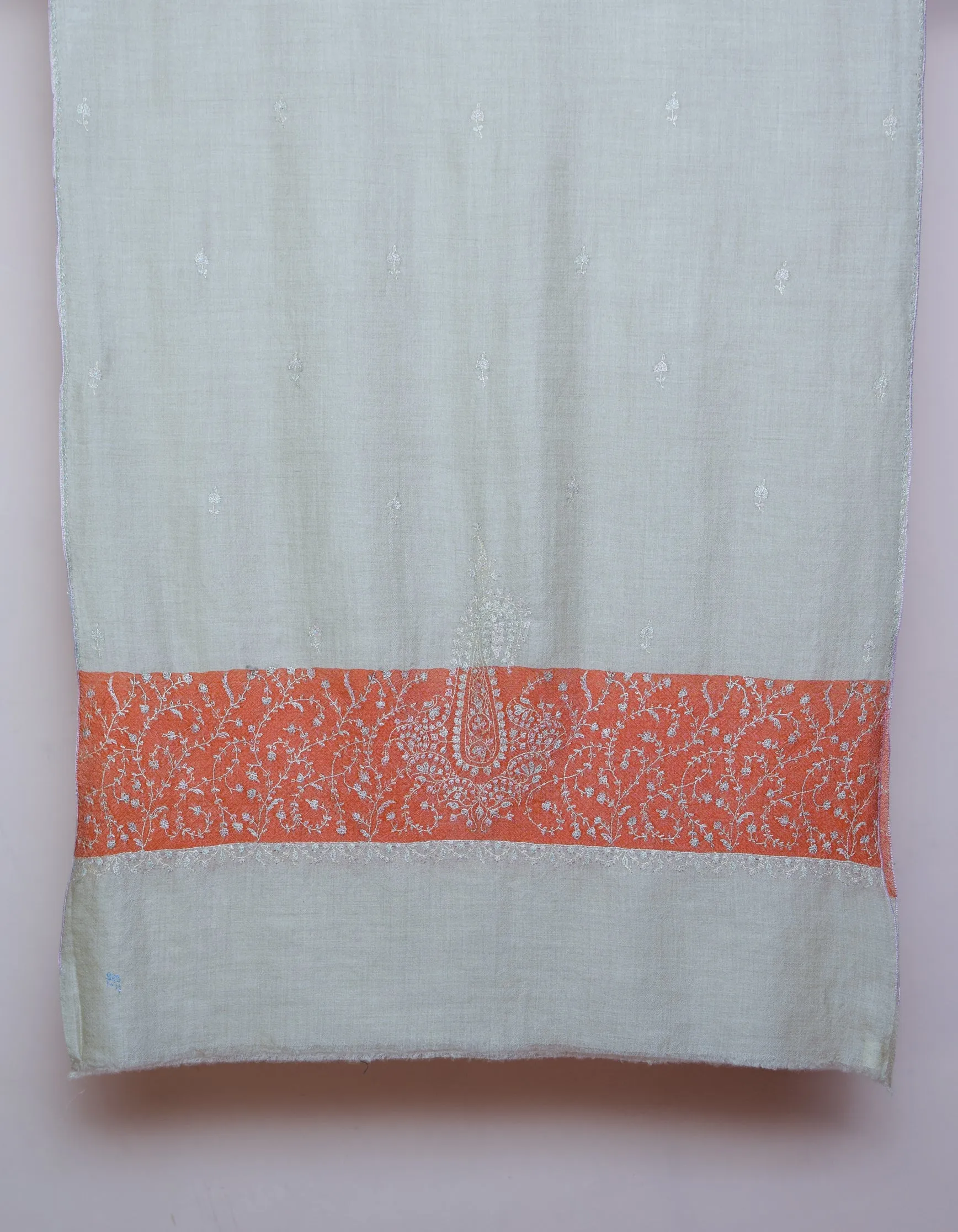 Natural Off-White Handwoven Pastel Embroidered Cashmere Pashmina Stole