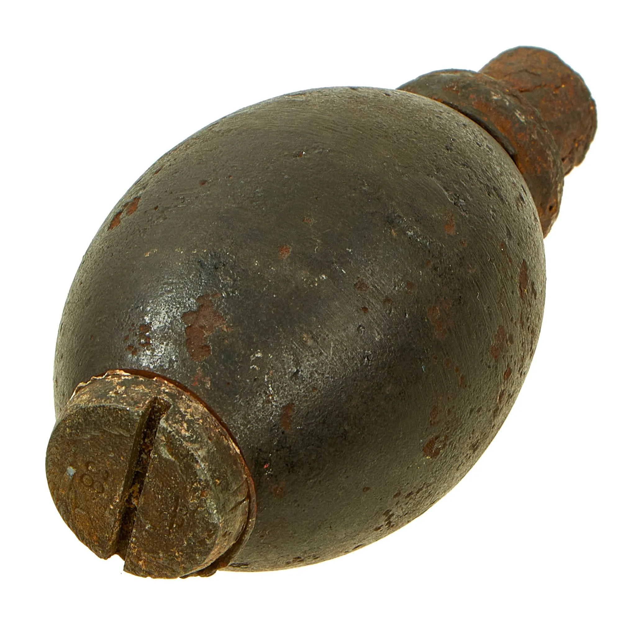 Original Dutch WWII Inert Eihandgranaat No.1 “Egg” Grenade With Transport Cap and Base Plug - Recovered From German Bunker In Holland