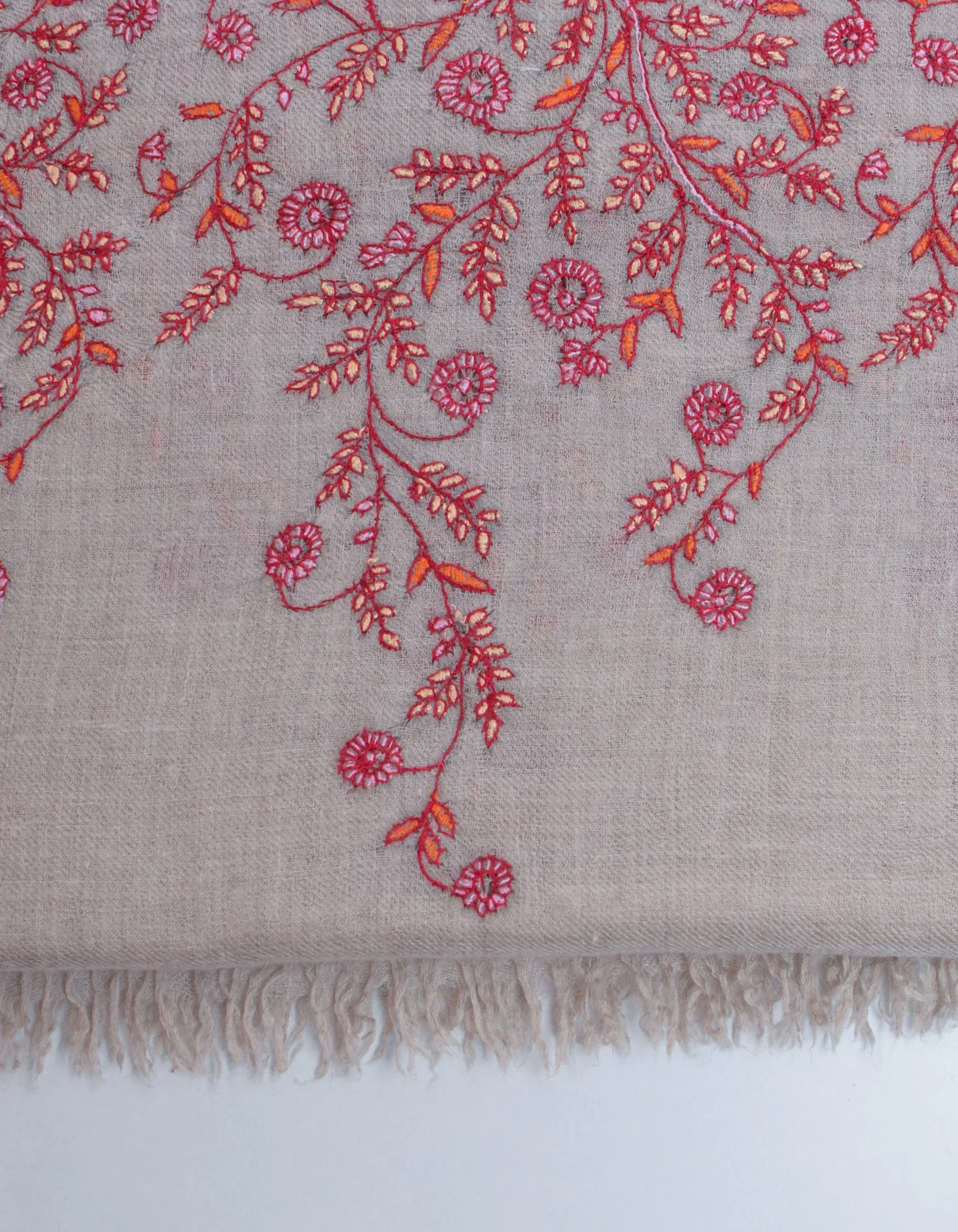 Pastel Grey Handwoven Border Embroidered Cashmere Pashmina Shawl