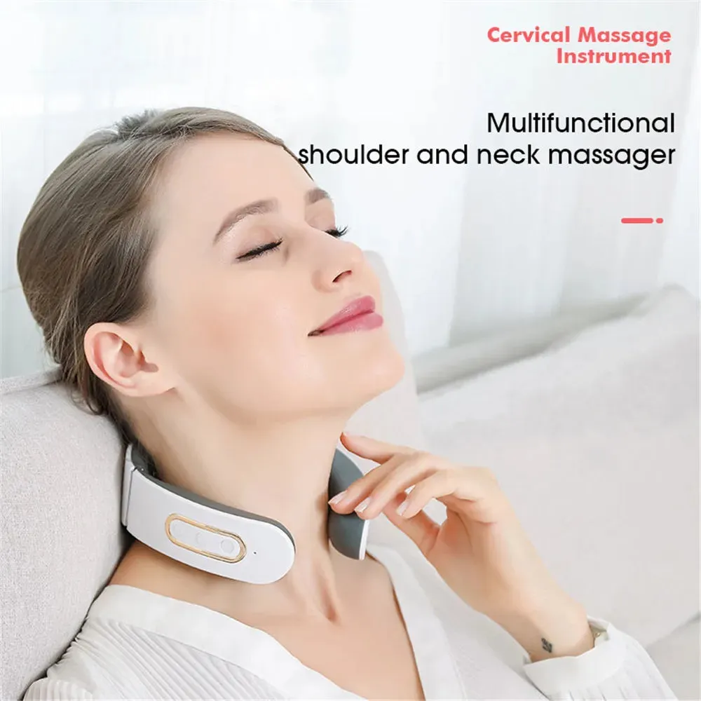 Portable Electric Neck Massager Pulse Back 6 Modes Voice broadcast Heating Pain Relief Neck  Kneading Massager