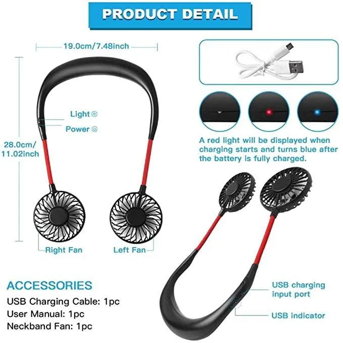 Portable Hanging Neck Sports Fan - Mini USB Portable Neckband With Rechargeable Battery Small Air Cooler Conditioner