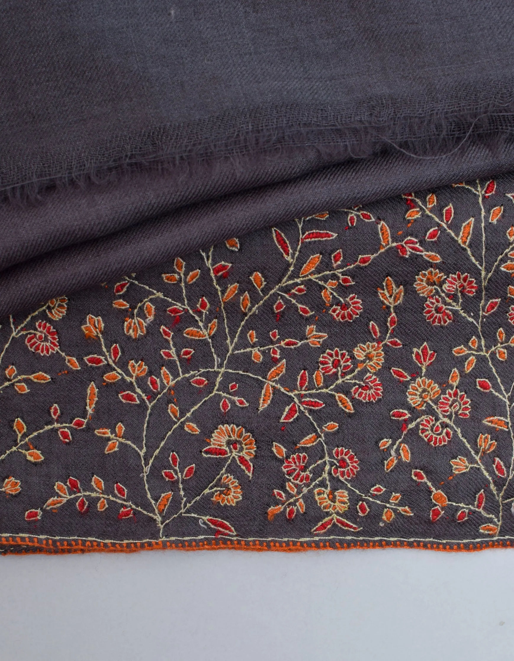 Steel Grey Handwoven Border Embroidered Cashmere Pashmina Shawl