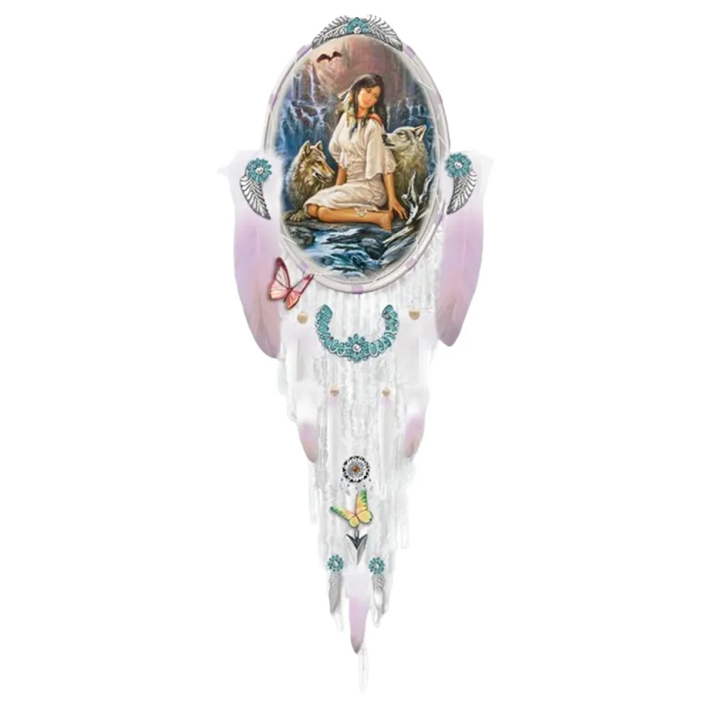 The Bradford Exchange Beautiful Guardians Wall Decor Collection Issue #5: 'Believe Dreamcatcher' Hand-Painted Oval Frame with Real Feathers Beads and Stretched Leather by Russ Docken 20-Inches
