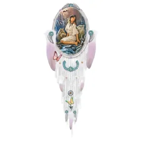 The Bradford Exchange Beautiful Guardians Wall Decor Collection Issue #5: 'Believe Dreamcatcher' Hand-Painted Oval Frame with Real Feathers Beads and Stretched Leather by Russ Docken 20-Inches