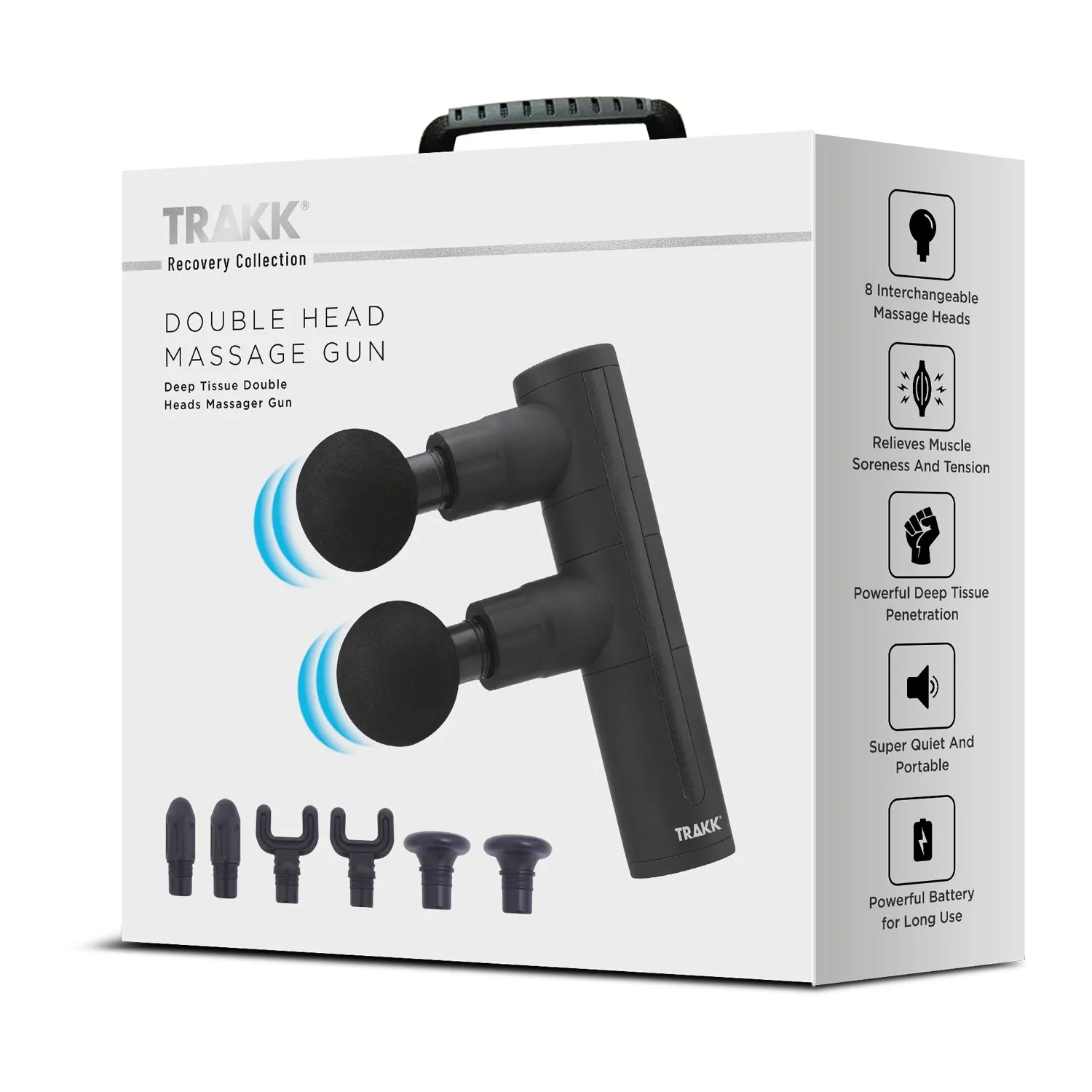 TRAKK Duo Double Head Percussion Massage Gun  Whisper Quiet - Deep Tissue Pain Relief with 8 Massage Heads High RPM vibrational Relaxation - Rechargeable Battery