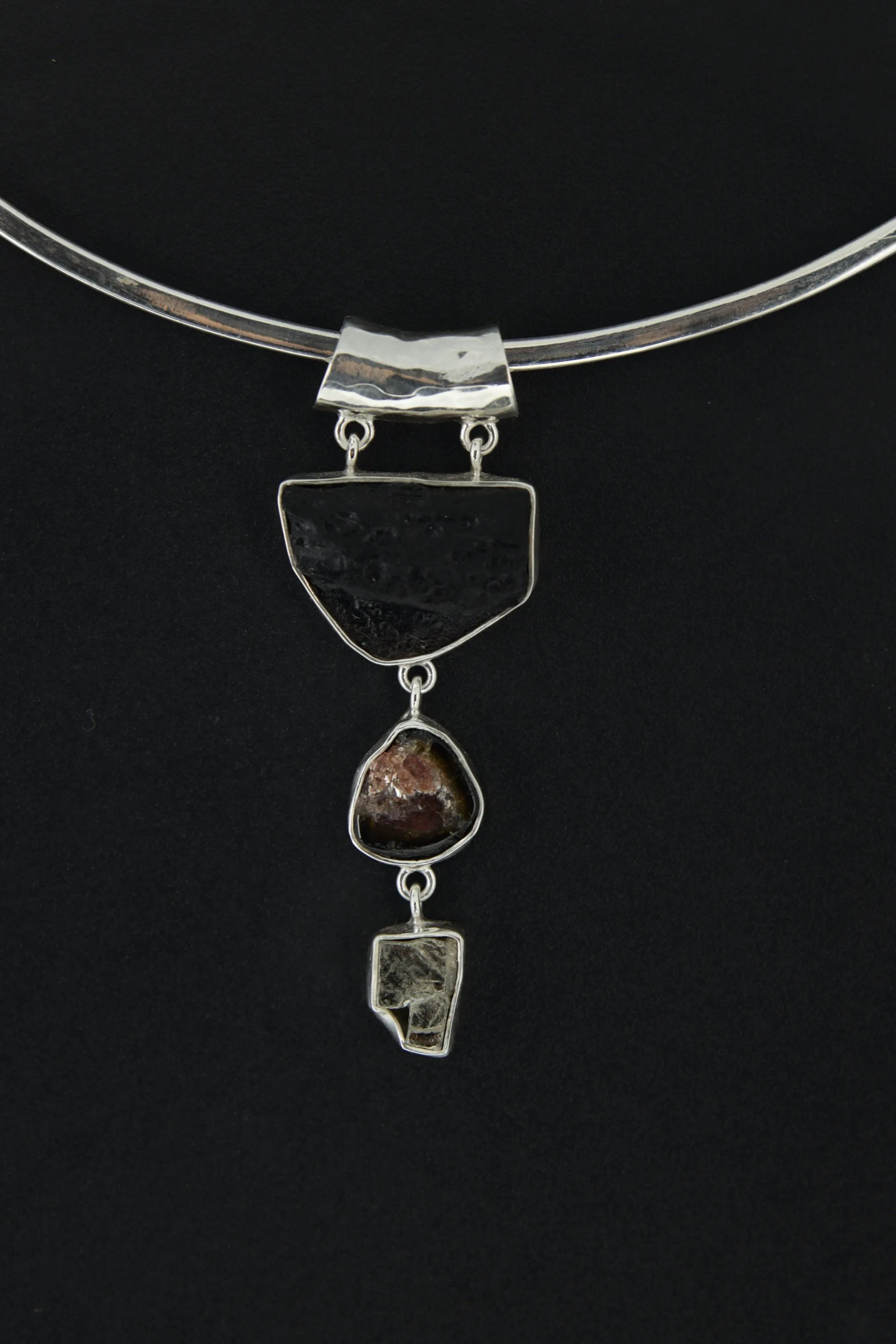 Unique Dangling Sterling Silver Pendant: Mount Darwin Tektite, Watermelon Tourmaline, Cubic Pyrite, Shiny Buffed Hammered Texture