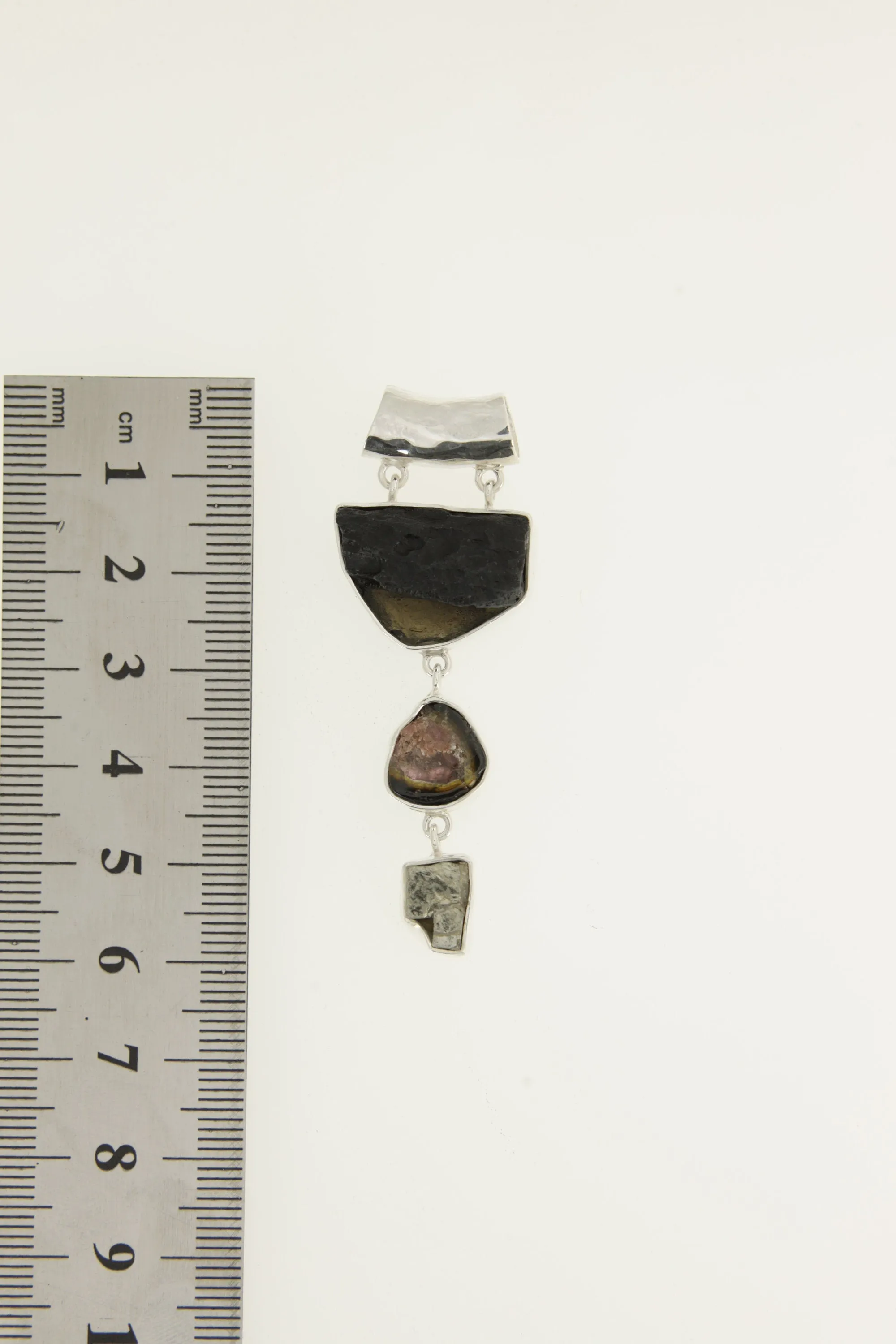 Unique Dangling Sterling Silver Pendant: Mount Darwin Tektite, Watermelon Tourmaline, Cubic Pyrite, Shiny Buffed Hammered Texture