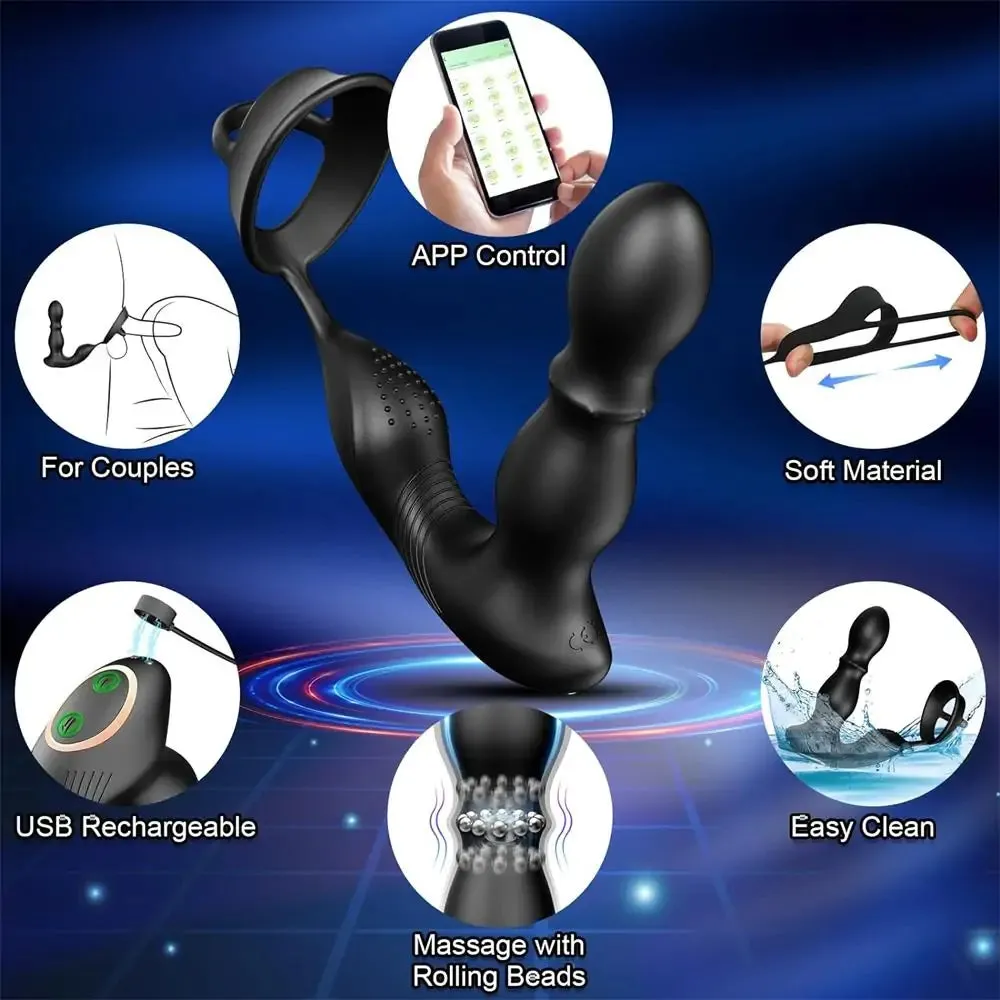 Vibrating & Rolling Anal Plug Vibrator with Cock Ring