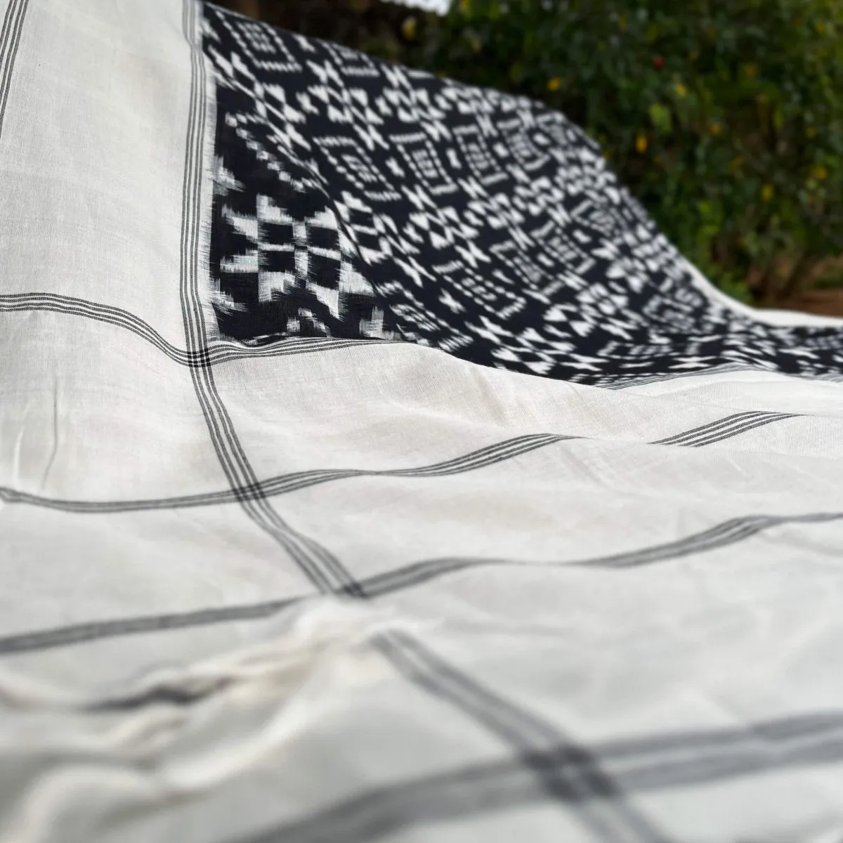 White & Black Handloom Cotton Telia Rumal Long Dupatta