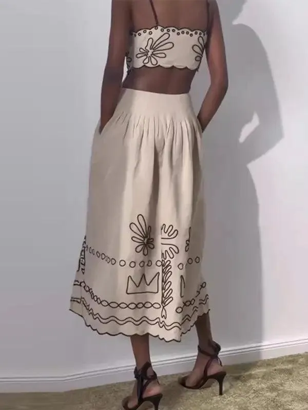 Women’s Vintage Embroidered Linen Sling Fashion Hollowed-out Sleeveless Pocket Dress